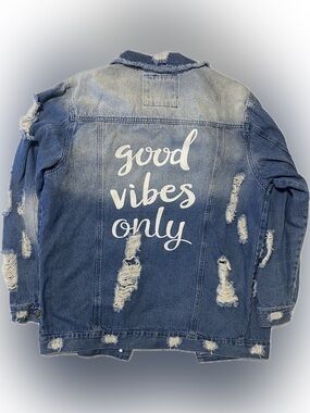 Between Us Good Vibes Only Distressed Denim Jean Jacket - Blue